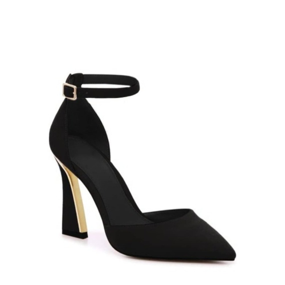 Juliet Holy Black Pointed Toe D'Orsay Ankle Strap Flared‎ Heel Pumps Women's 11